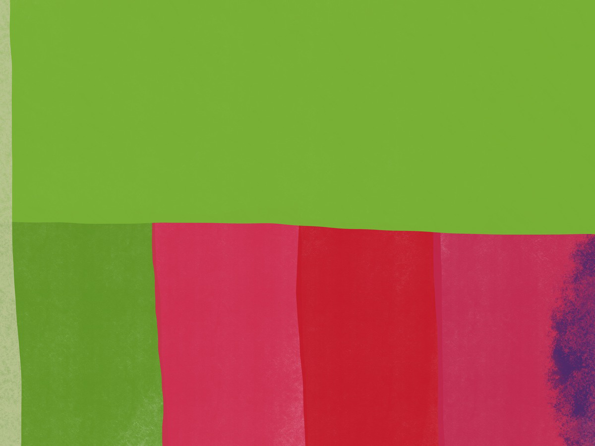 Ein Poster mit Blöcken in Grün, Pink, Rot und Violett.