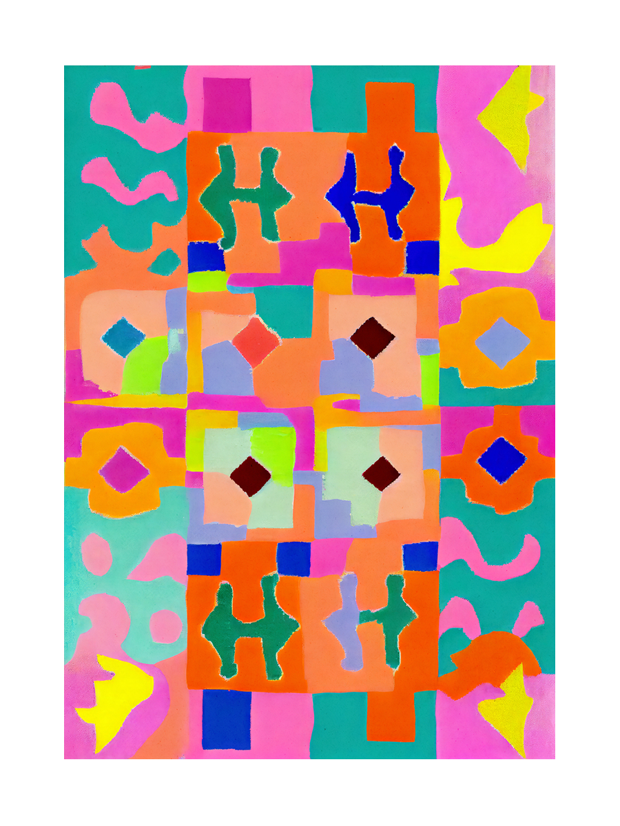 Abstraktes Poster mit geometrischen Mustern in Türkis, Pink und Orange.
