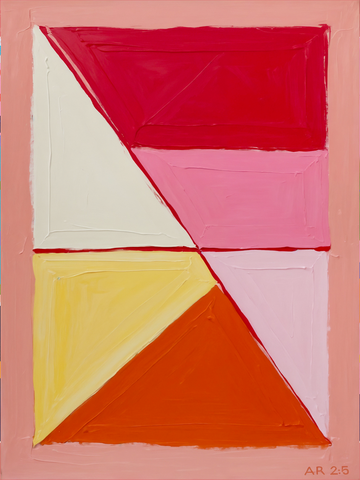 Handgemalte geometrische Formen in Rot, Rosa, Gelb und Weiß auf rosa Hintergrund.