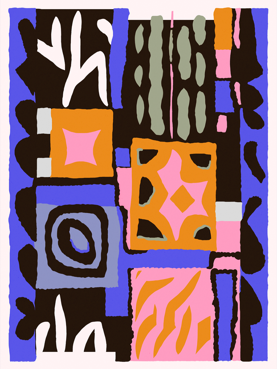 Ein farbenfrohes Patchwork aus Formen und Mustern in Schwarz, Blau, Gold und Rosa.
