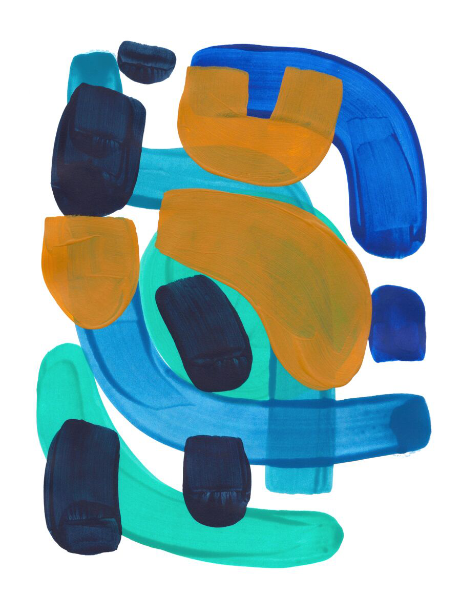 Abstrakte Illustration mit Formen in Orange, Blau und Grün auf weißem Hintergrund.