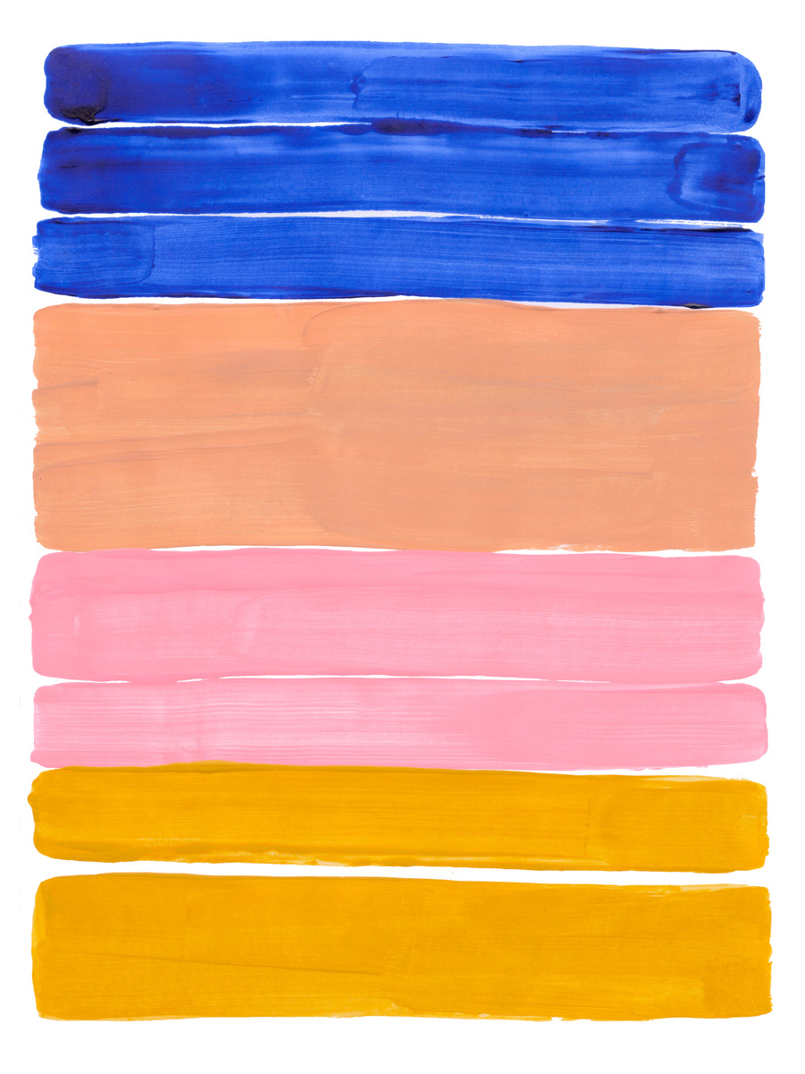 Horizontale Pinselstriche in Blau, Orange, Rosa und Gelb auf weißem Hintergrund.