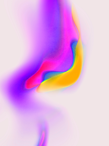 Abstrakte Komposition mit fließenden Farben in Lila, Pink, Gelb und Blau auf hellem Hintergrund.