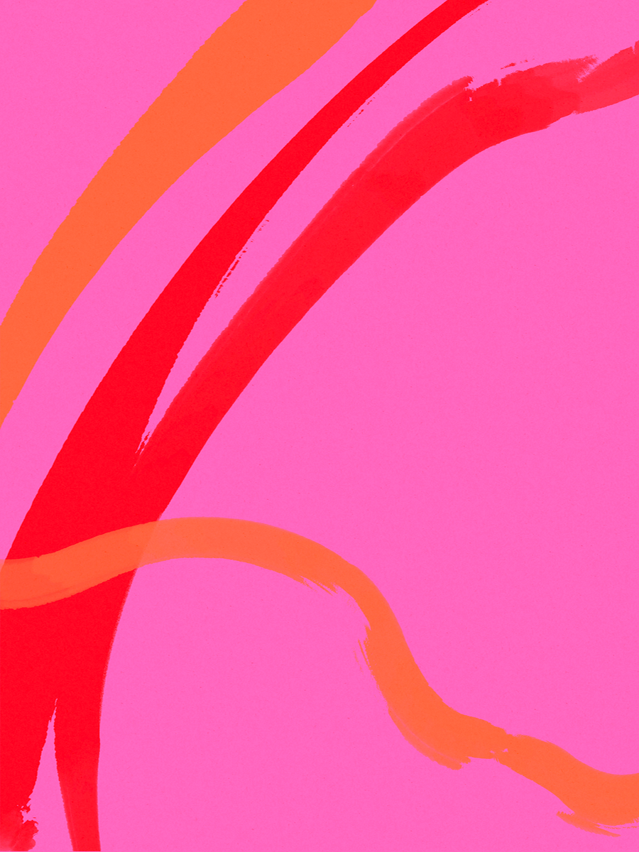 Abstraktes Design mit geschwungenen roten und orangefarbenen Linien auf pinkfarbenem Hintergrund.