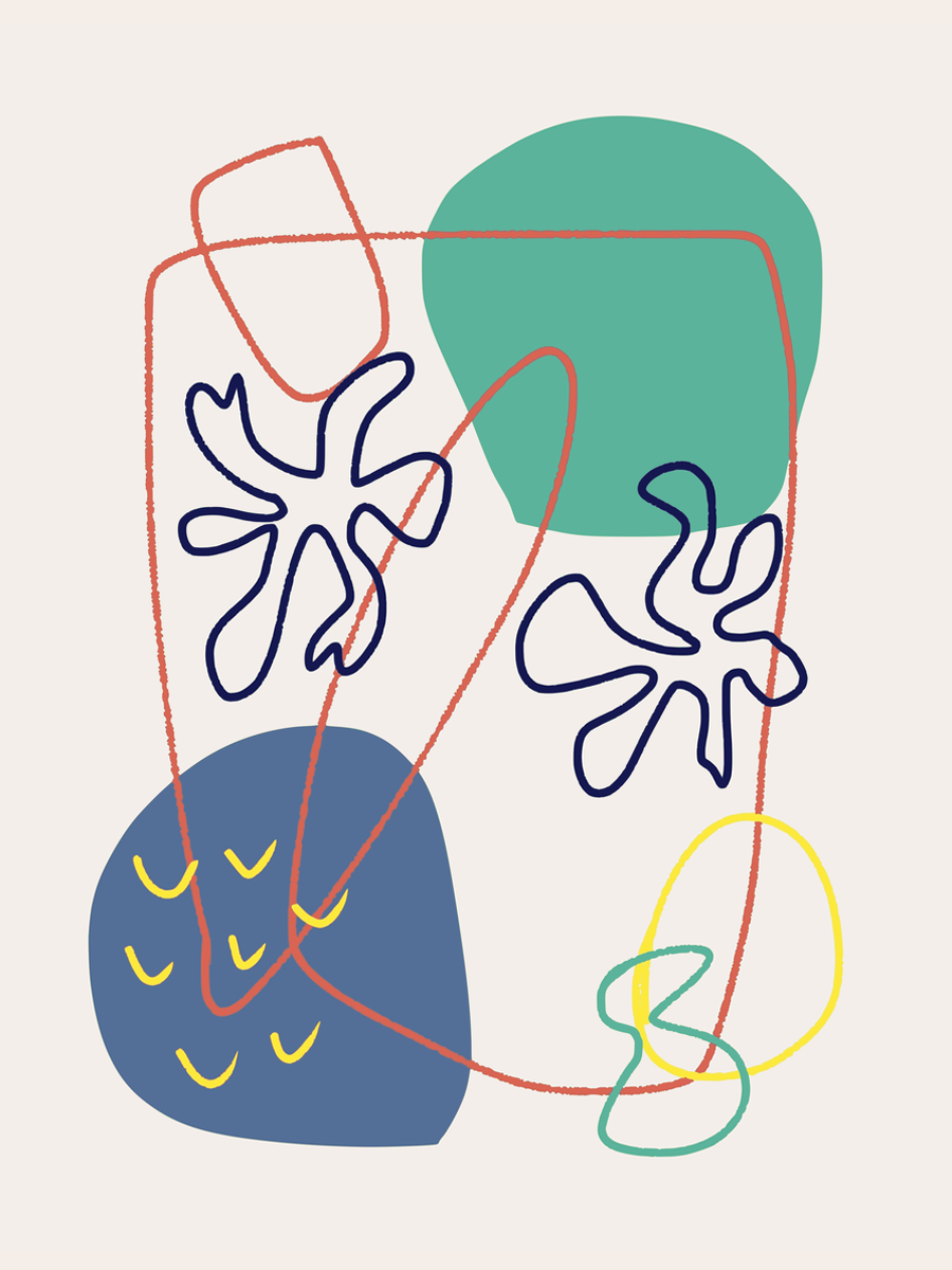 Illustration mit abstrakten Formen und Linien in verschiedenen Farben auf hellbeigem Hintergrund.