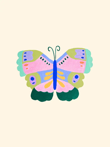 Ein bunt gemalter abstrakter Schmetterling in Rosa Grün und Blau auf beigem Grund.
