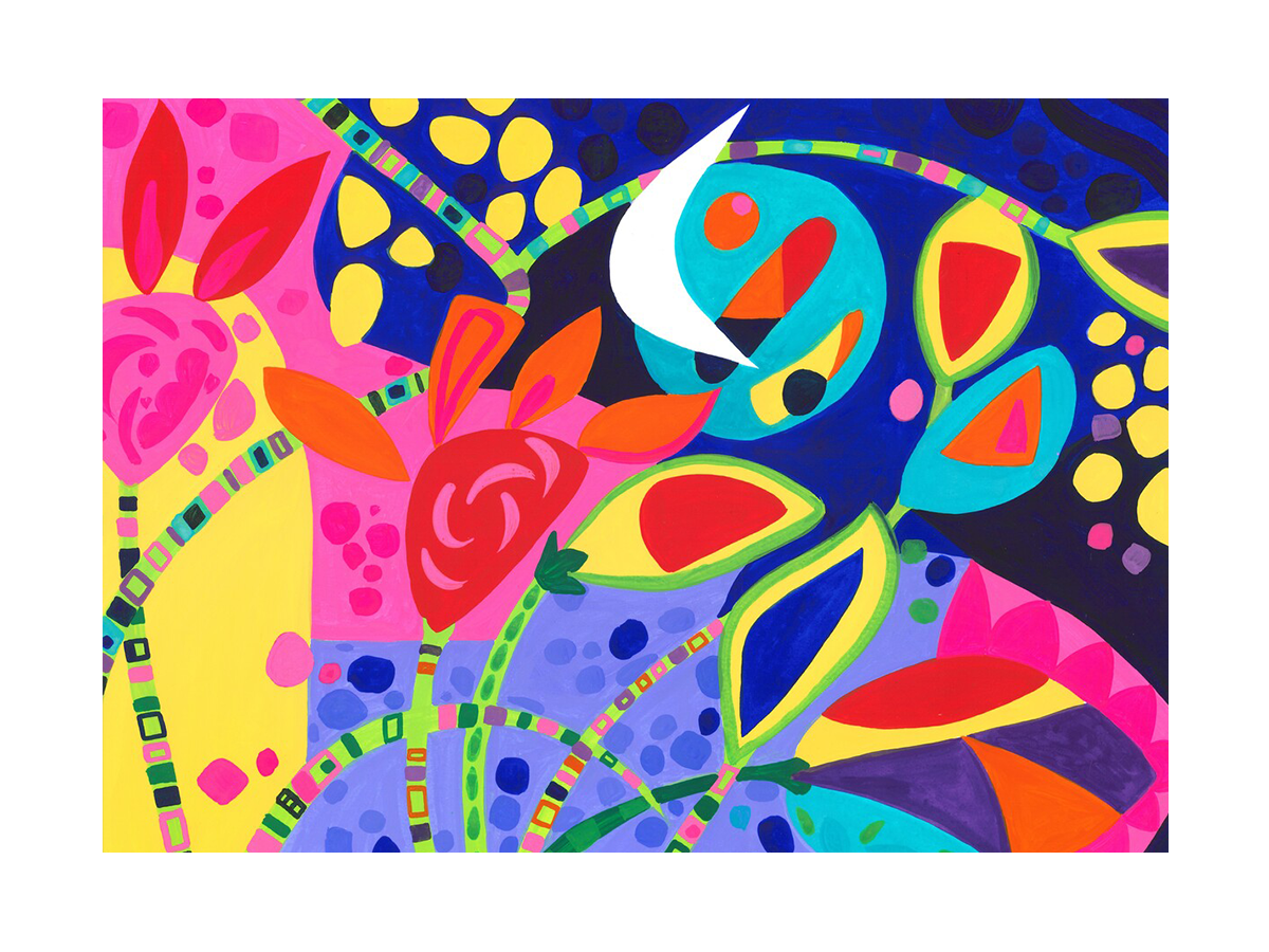 Abstrakte, farbenfrohe Illustration mit verschiedenen geometrischen Formen und lebhaften Farben.