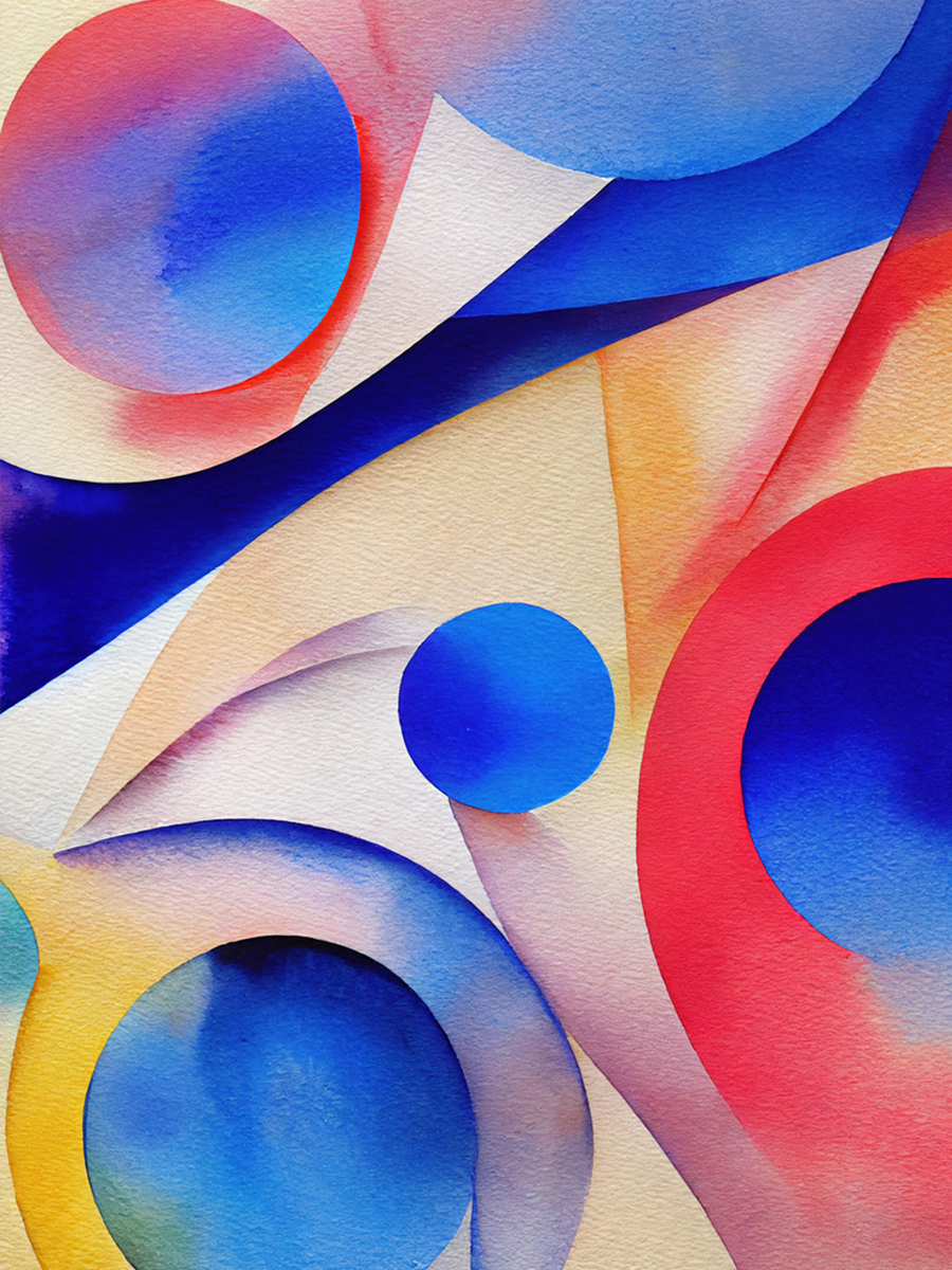 Abstraktes Aquarell mit leuchtenden Farben und kreisförmigen Formen in Blau-, Rot- und Gelbtönen.