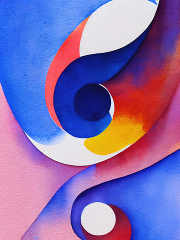 Abstrakte Komposition mit blauen Bögen, roten und gelben Akzenten auf rosa Hintergrund.