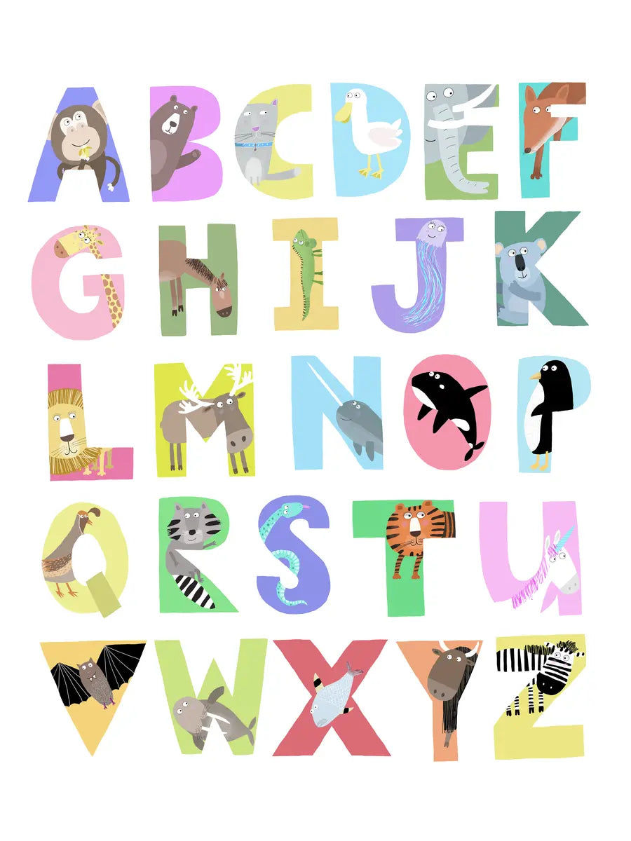 Buntes Poster mit dem Alphabet und Tieren, ideal für das Kinderzimmer.