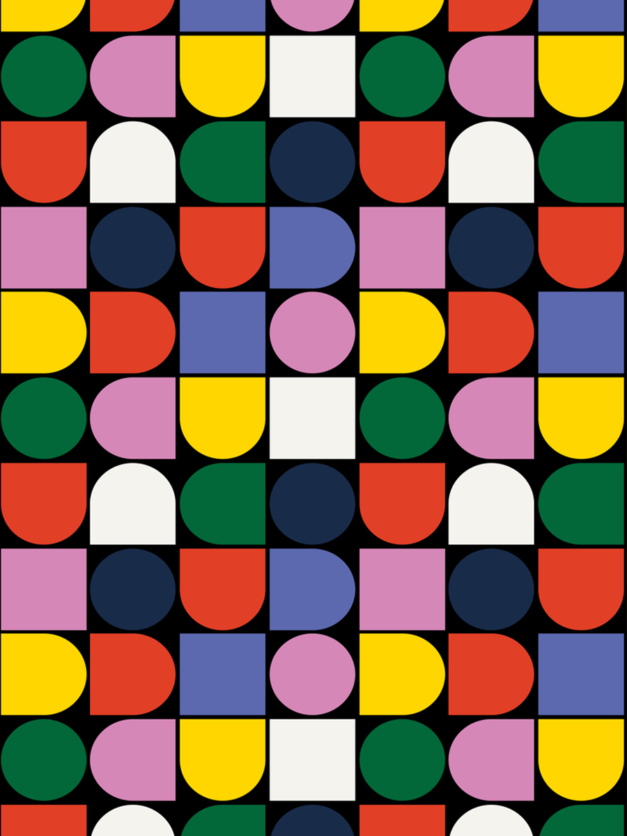 Grafische Formen in verschiedenen Farben auf schwarzem Hintergrund im Bauhaus-Stil.