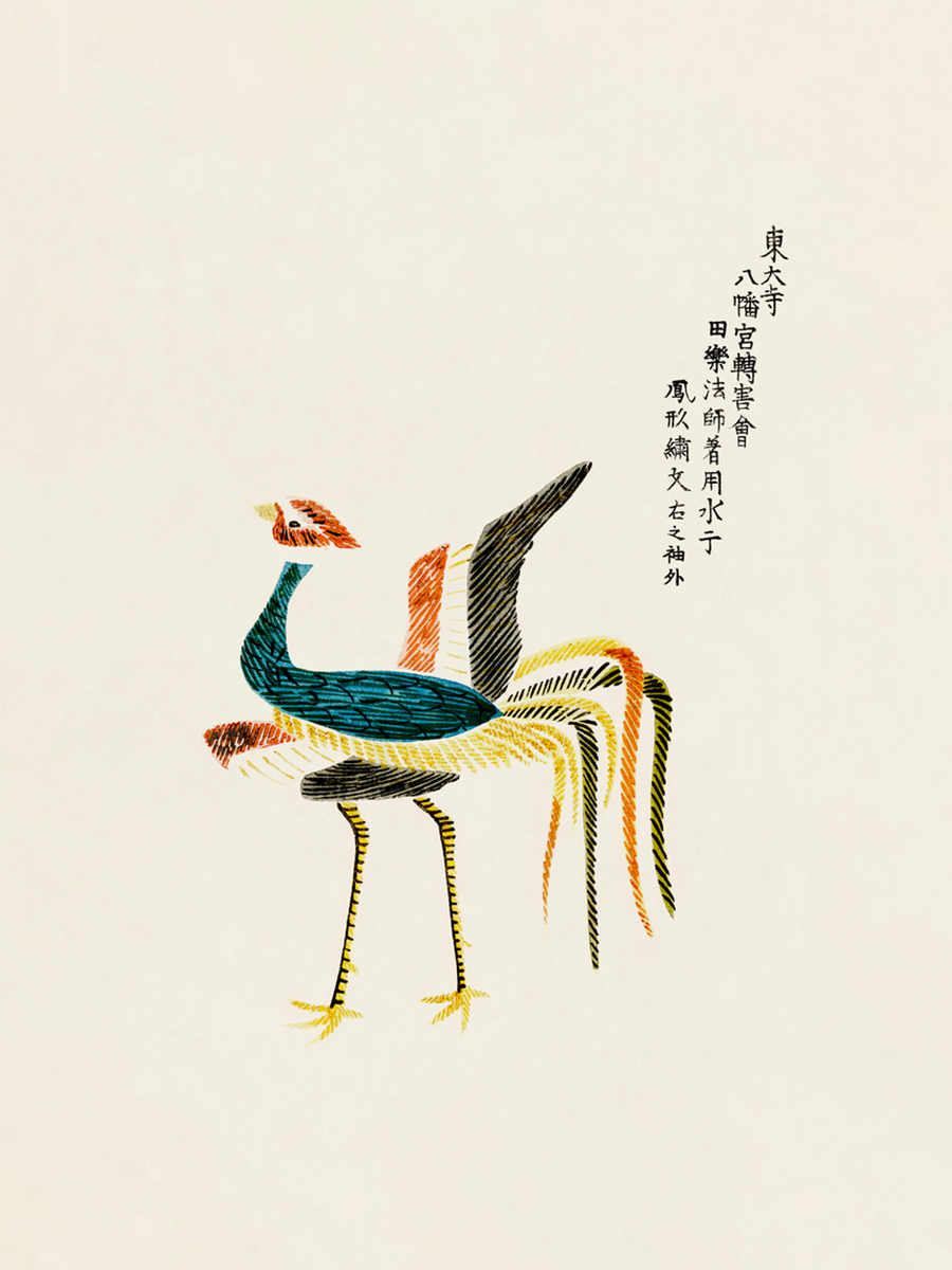Illustration eines bunten Vogels mit japanischem Text auf beigem Hintergrund.