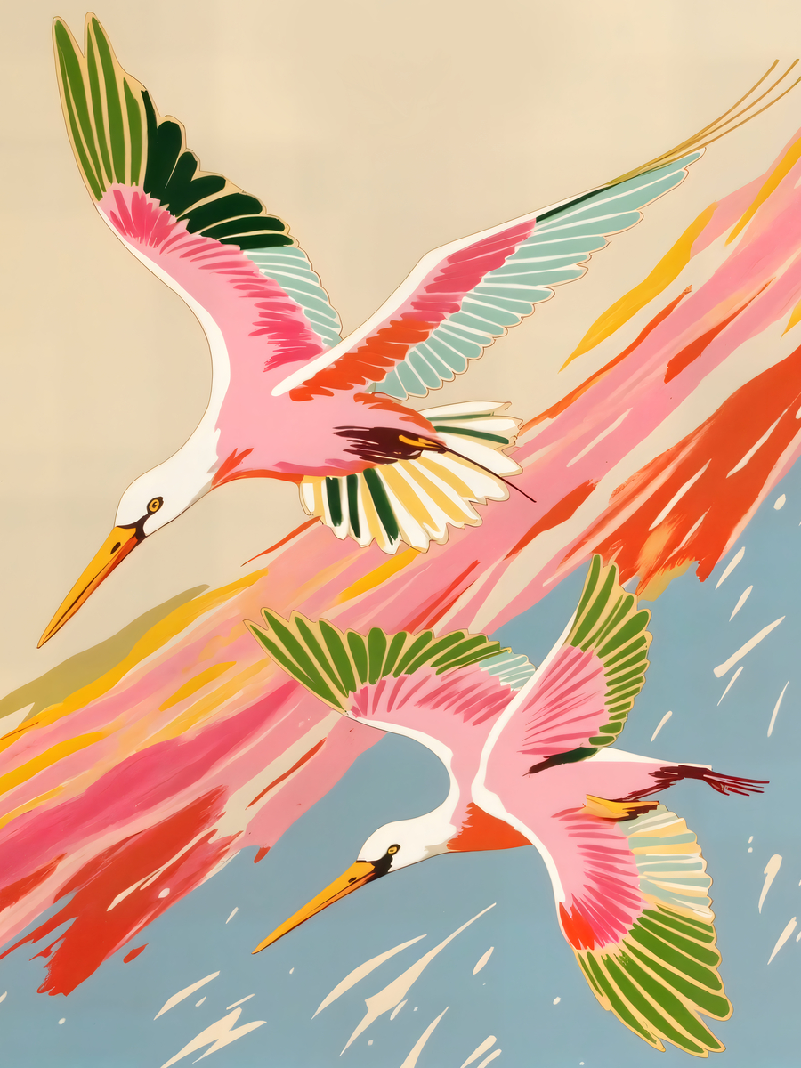 Zwei bunte Vögel im Flug vor einem Hintergrund aus Orange, Rosa und Blau.