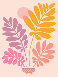 Illustration einer bunten Pflanze mit gelben, lila, pinken und orangefarbenen Blättern in einem gemusterten Topf vor einem hellrosa Hintergrund.