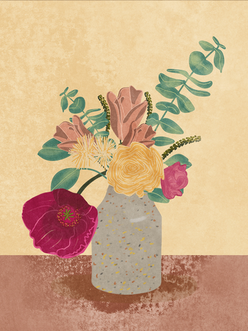 Illustration eines bunten Blumenstraußes in einer Vase mit gelbem Hintergrund.