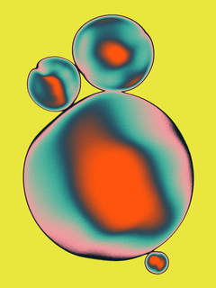 Abstraktes Poster mit orange-grünen Blasen vor gelbem Hintergrund.