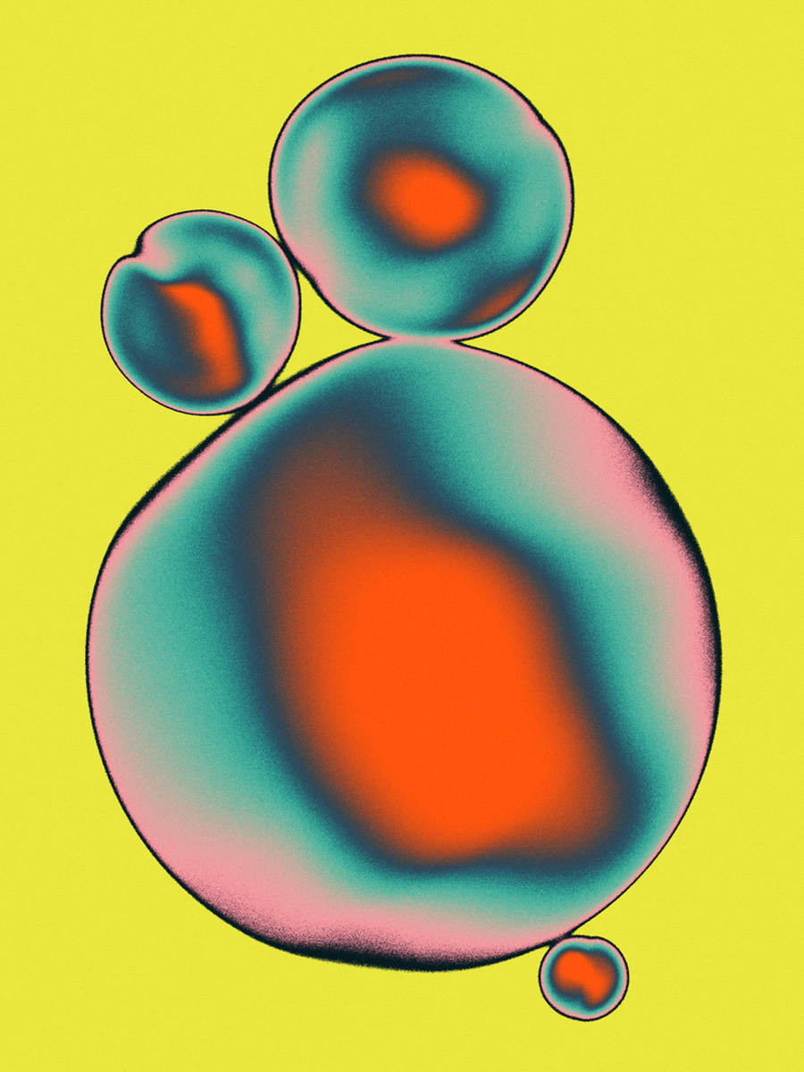 Abstraktes Poster mit orange-grünen Blasen vor gelbem Hintergrund.