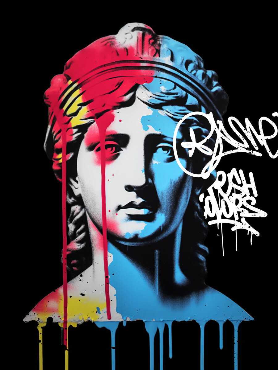 Farbenfrohe Büste mit leuchtenden Farben auf schwarzem Hintergrund.