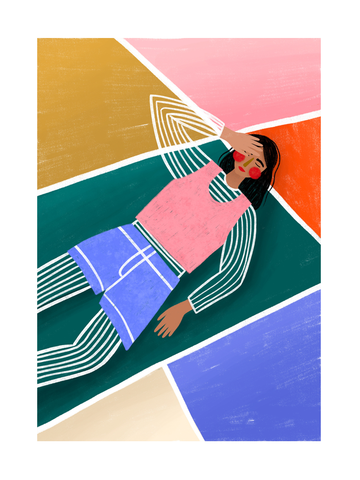 Illustration einer Frau in bunter Kleidung, die auf einem farbenfrohen Teppich liegt.