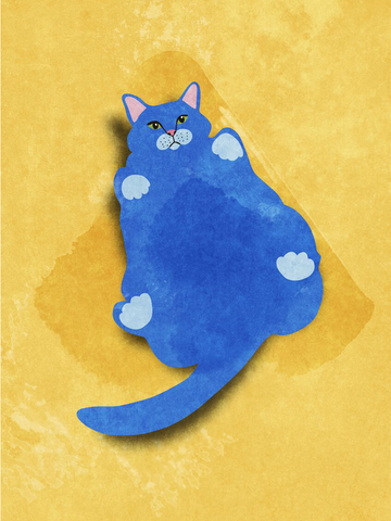 Poster einer blauen Katze auf gelbem Hintergrund.