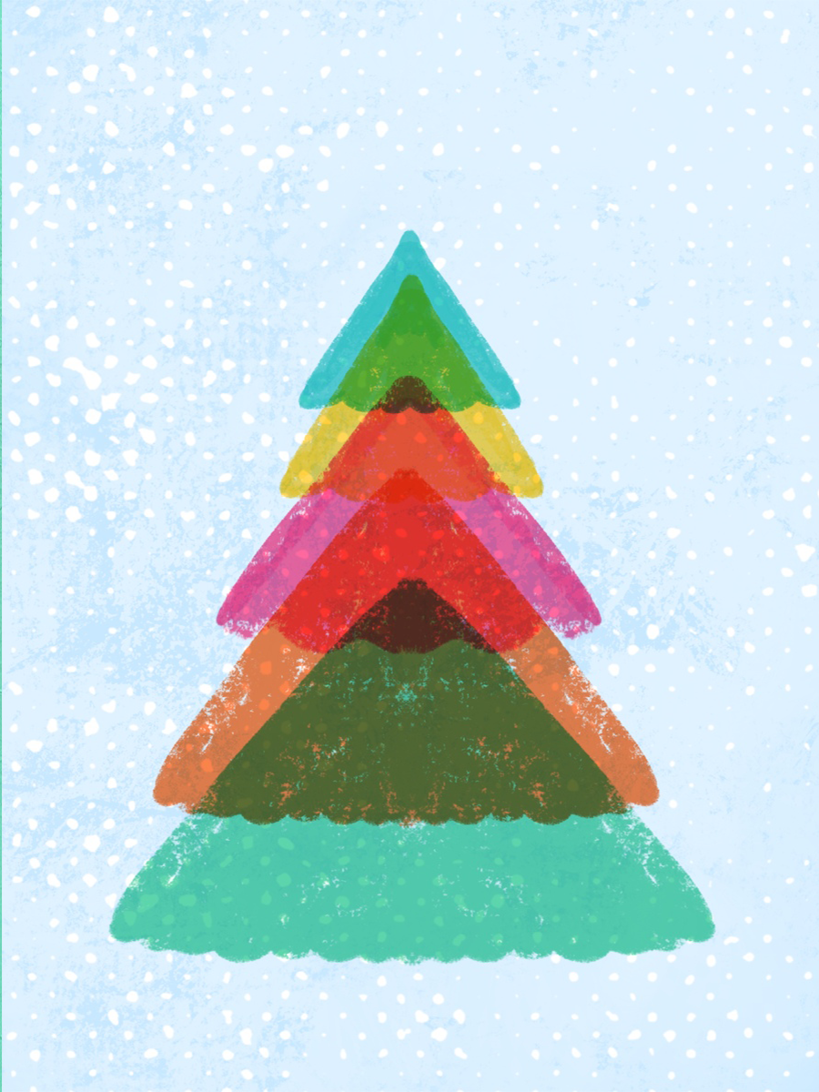 Ein bunter Weihnachtsbaum aus farbigen Dreiecken auf blauem Hintergrund mit Schneeflocken.