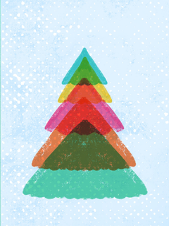 Ein bunter Weihnachtsbaum aus farbigen Dreiecken auf blauem Hintergrund mit Schneeflocken.