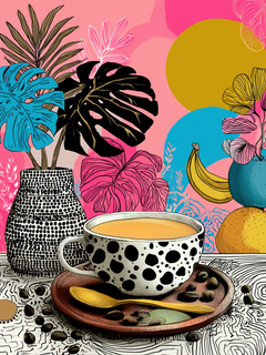 Gepunktete Kaffeetasse auf einem Teller mit Kaffeebohnen, umgeben von tropischen Blättern und Früchten vor einem rosa Hintergrund.