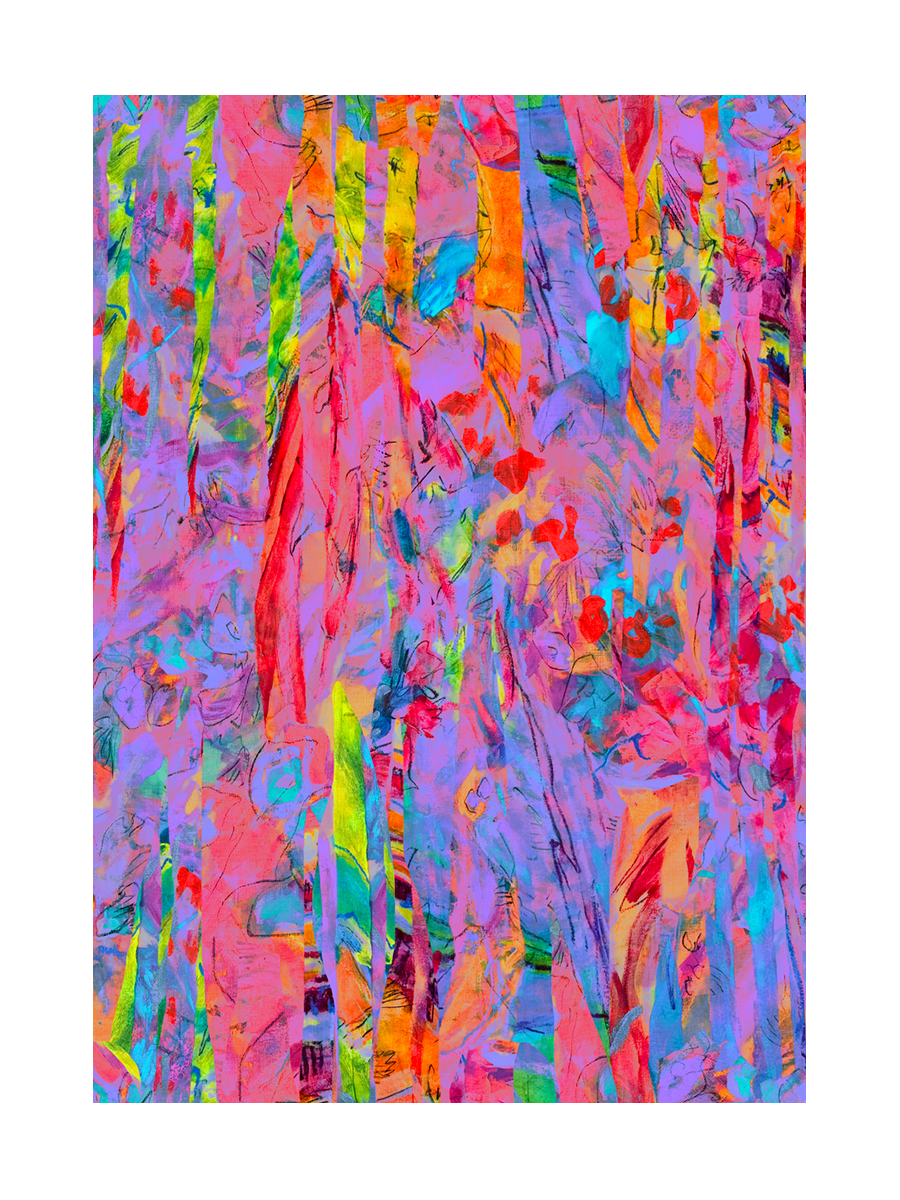 Abstrakte Collage mit Streifen und Blumen in lebhaften Farben wie Rosa, Lila, Rot, Blau, Grün, Gelb und Orange.