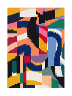 Abstrakte grafische Illustration mit bunten Formen und geschwungenen Linien.