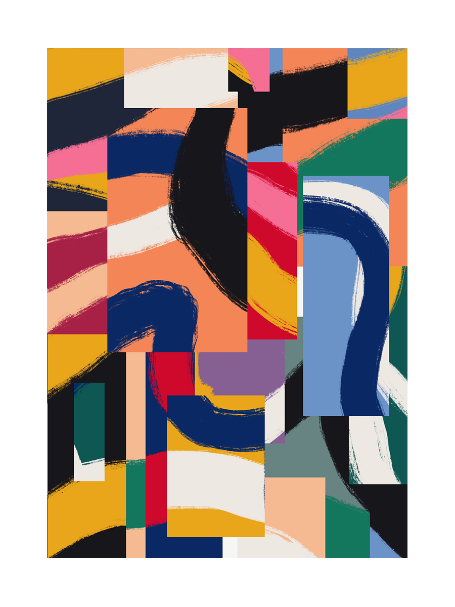 Abstrakte grafische Illustration mit bunten Formen und geschwungenen Linien.