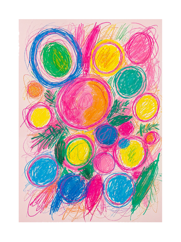 Buntes Poster mit handgezeichneten Kreisen in Rosa, Blau, Grün und Gelb auf rosa Hintergrund.