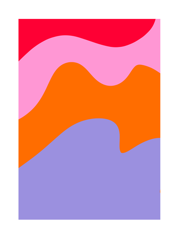 Poster mit bunten, geschwungenen Formen in Rot, Pink, Orange und Violett.