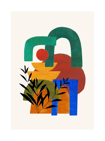 Grafische Illustration mit Blättern und abstrakten Formen in Grün, Blau und Orange auf hellem Hintergrund.