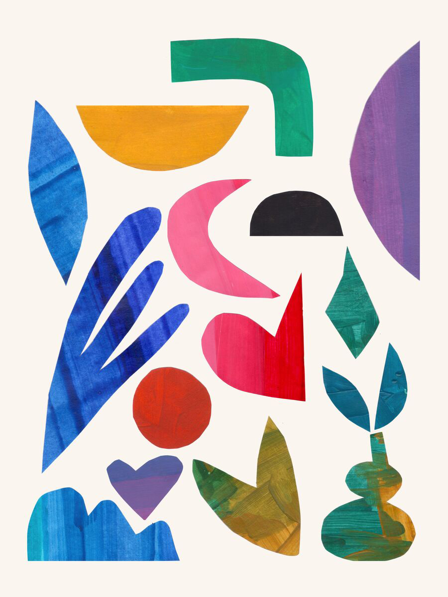 Collage-Poster mit bunten abstrakten Formen und Herzen auf hellem Hintergrund.