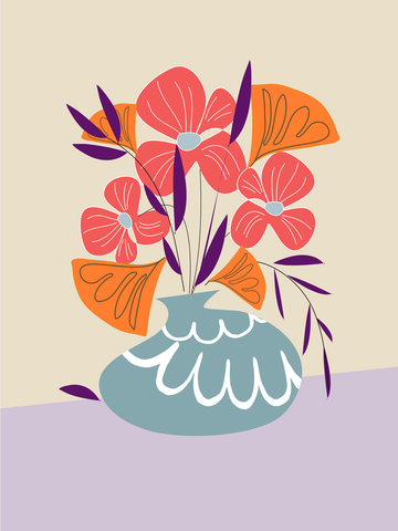 Illustration einer Vase mit bunten Blumen vor einem hellen Hintergrund.