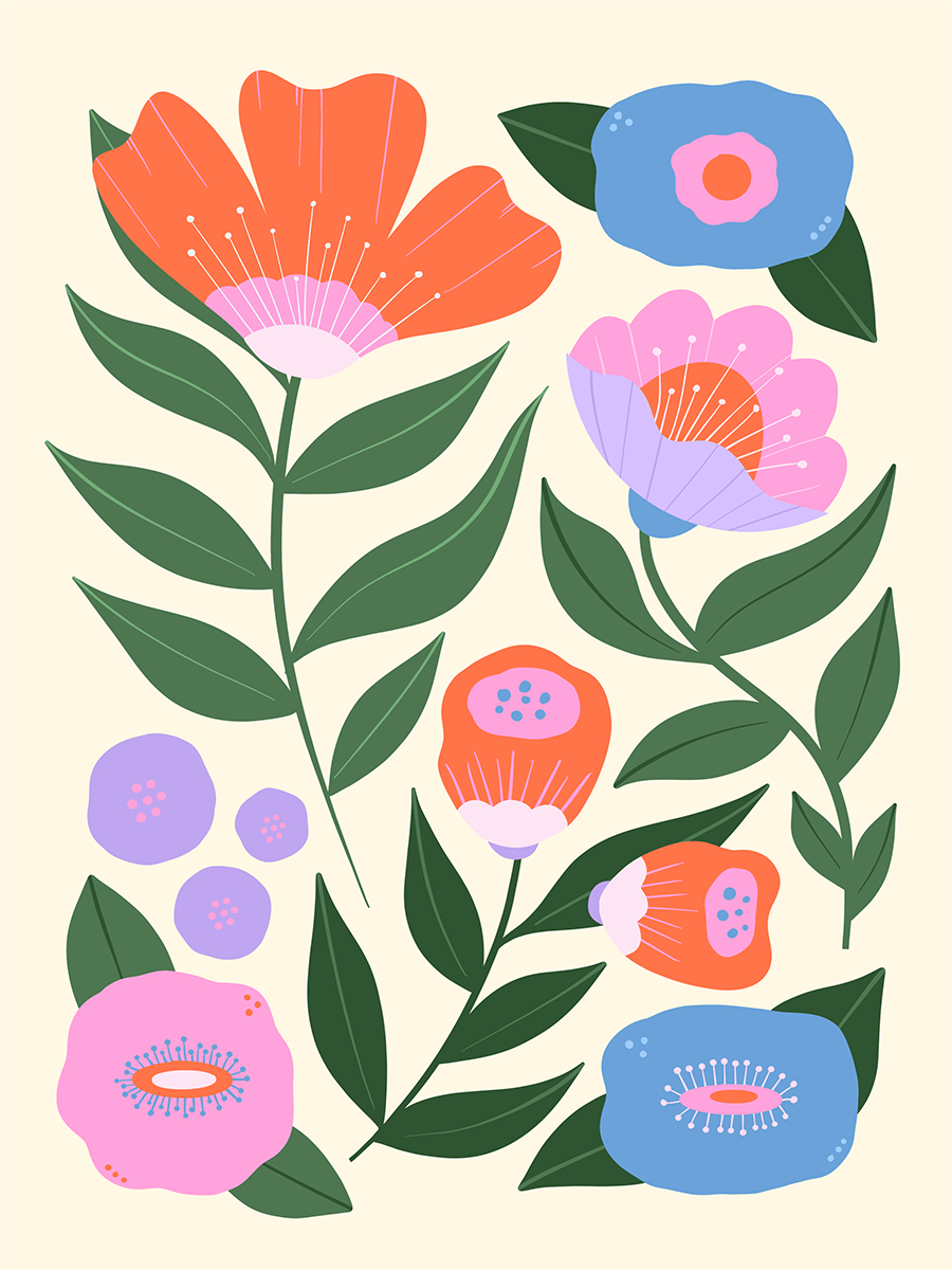 Grafische Illustration von Blumen in Orange, Rosa und Blau mit grünen Blättern auf hellbeigem Hintergrund.