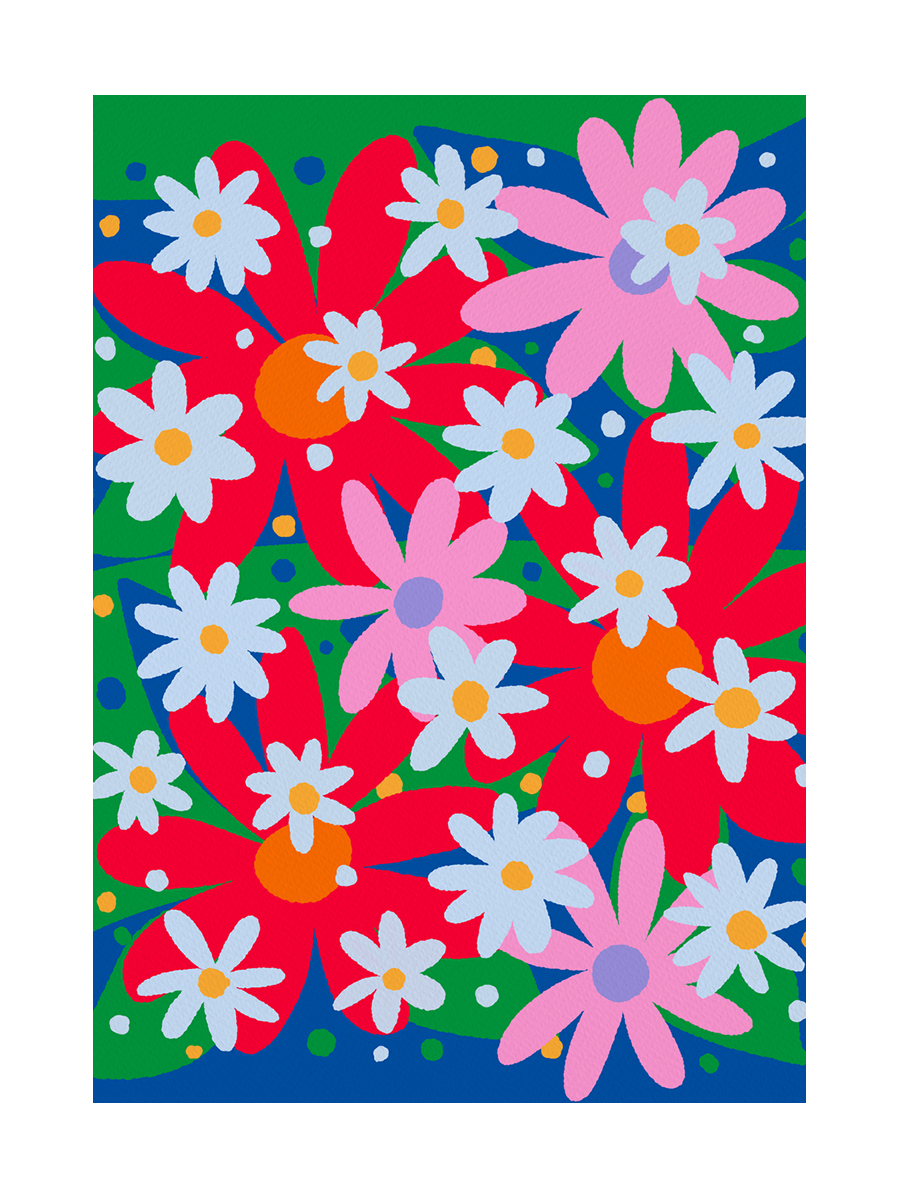 Bunte Illustration von Blumen in Rot, Rosa, Weiß und Orange auf grünem und blauem Hintergrund.