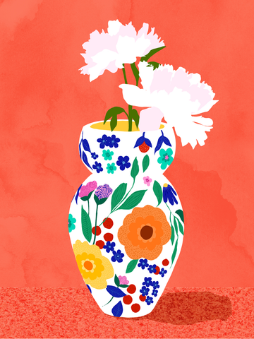 Illustration einer weißen Vase mit buntem Blumenmuster und weißen Blumen vor einem orangefarbenen Hintergrund.