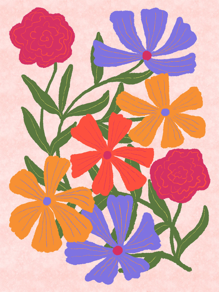 Illustration von bunten Blumen in Rot, Orange und Lila mit grünen Blättern auf einem hellrosa Hintergrund.