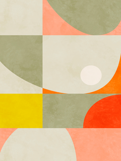 Grafik mit geometrischen Formen in Orange, Gelb, Grün und Beige.