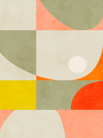 Grafik mit geometrischen Formen in Orange, Gelb, Grün und Beige.