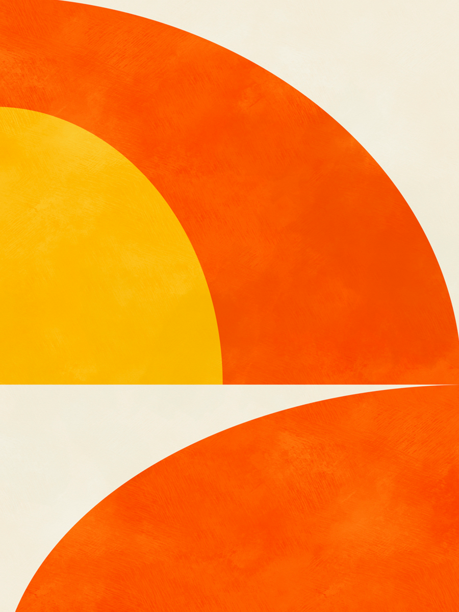 Grafische Illustration mit einem Halbkreis in Orange und Gelb vor einem beigen Hintergrund.