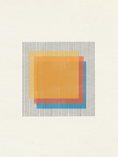 Quadratische Formen in Orange, Rot, Gelb und Blau vor einem gestreiften Hintergrund.