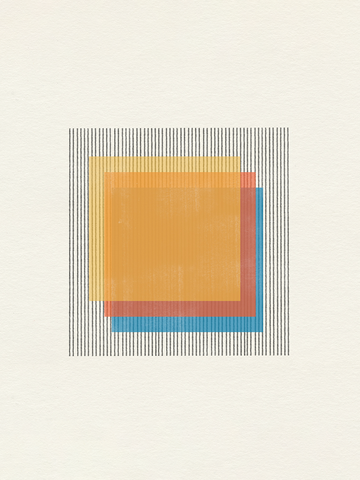 Quadratische Formen in Orange, Rot, Gelb und Blau vor einem gestreiften Hintergrund.