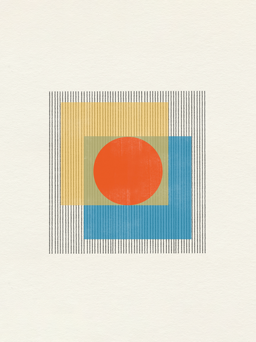 Grafische Illustration mit einem roten Kreis und gelben und blauen Quadraten auf einem gestreiften Hintergrund.