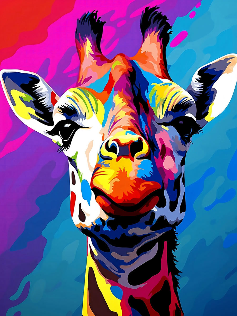Eine bunte Giraffe vor einem Hintergrund in Rot, Rosa, Blau und Türkis.