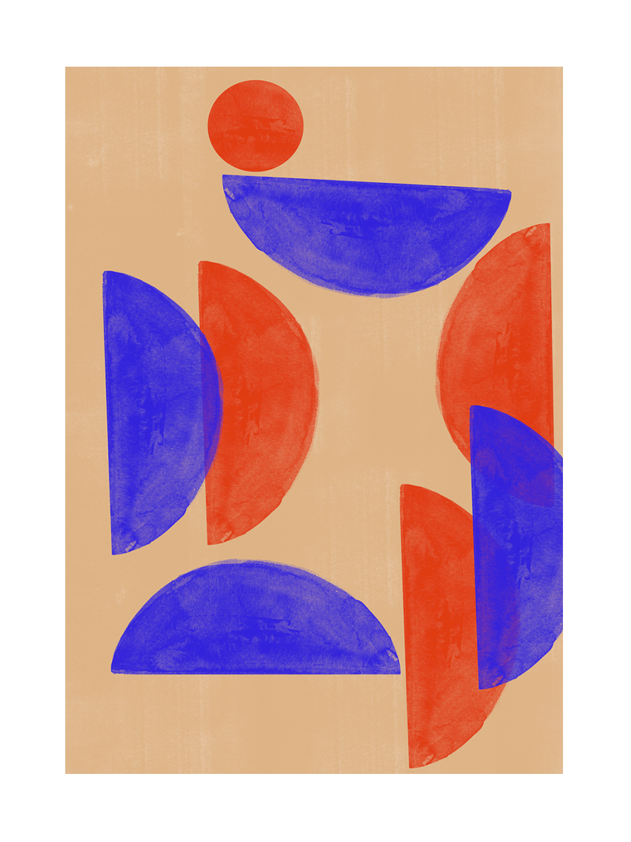Grafik mit blauen und roten geometrischen Formen auf beigem Hintergrund.