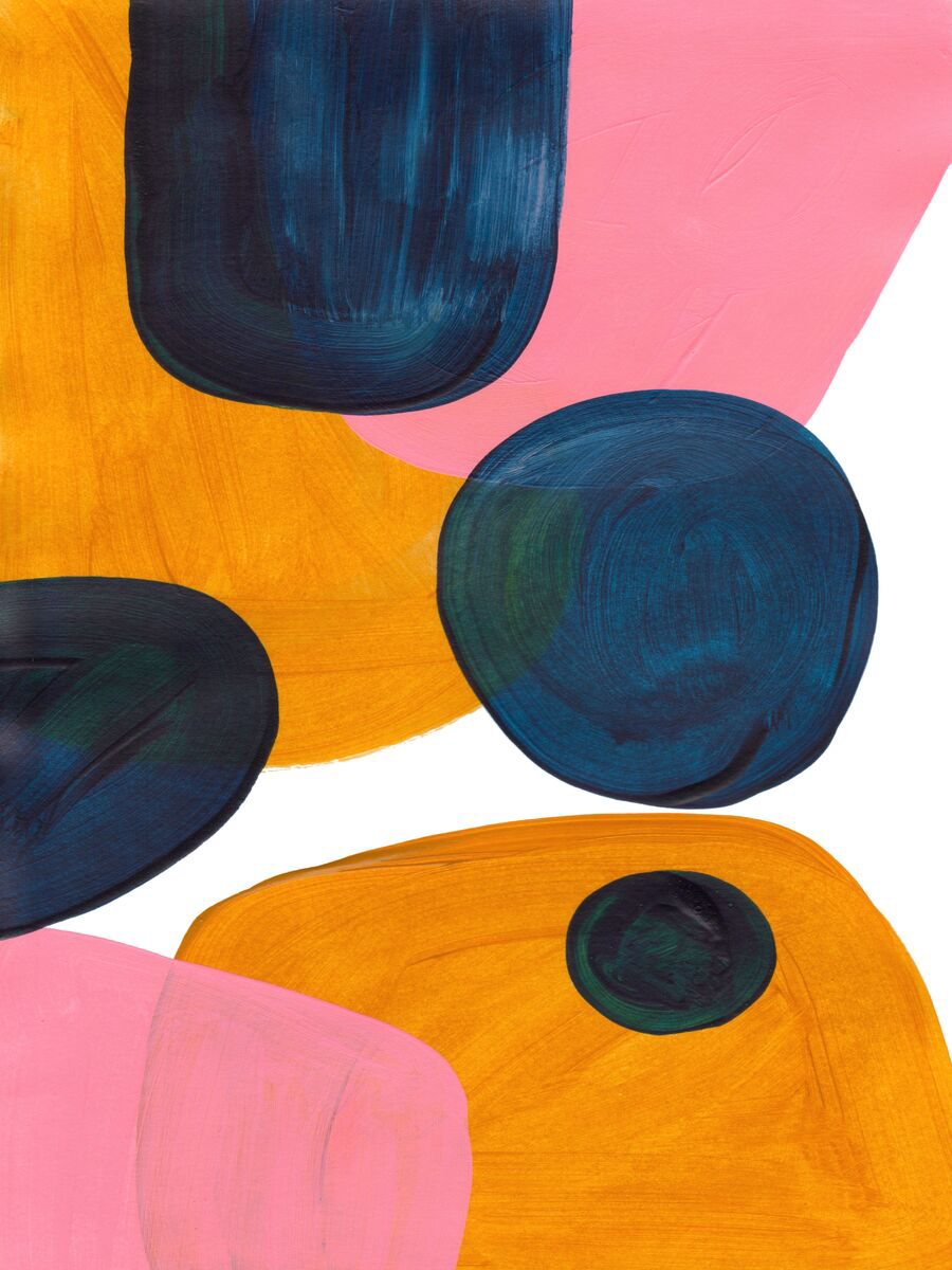 Buntes Grafikmuster mit Formen in Pink, Orange und Blau auf weißem Hintergrund.