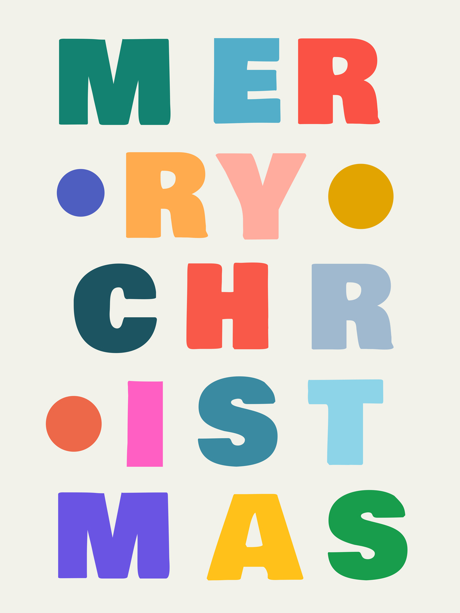 Weihnachtsplakat mit dem Text „Merry Christmas“ in bunten Farben auf hellbeigem Hintergrund.