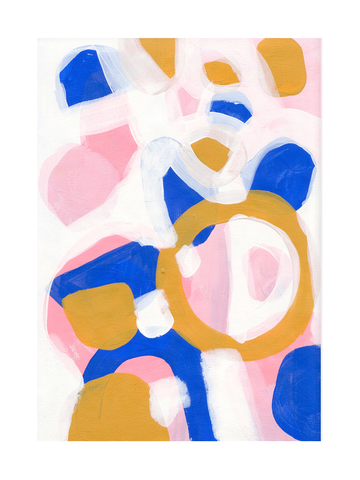 Farbenfrohes abstraktes Poster mit Kreisen in Blau, Pink, Weiß und Braun.